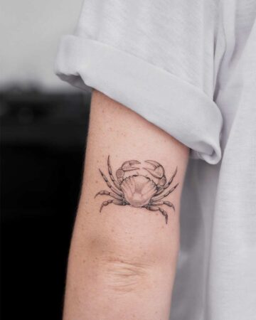 A detailed crab marine life tattoo on a person's arm. The black and grey ink depicts the crustacean with intricate shading and texture.