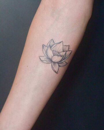 Close-up of a delicate lotus flower tattoo on a fair-skinned forearm. The black ink lotus flower tattoo is finely detailed, with stippling adding depth.