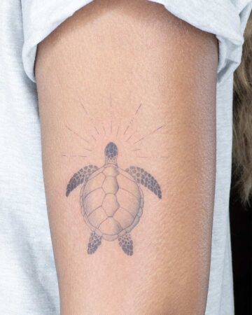 A detailed, fine-line tattoo of a sea turtle on a person's upper arm. The turtle shell is intricately patterned and small radiating lines extend from its head, as seen in this aquatic creatures tattoo gallery. Created by our tattoo artists in Canggu, Bali