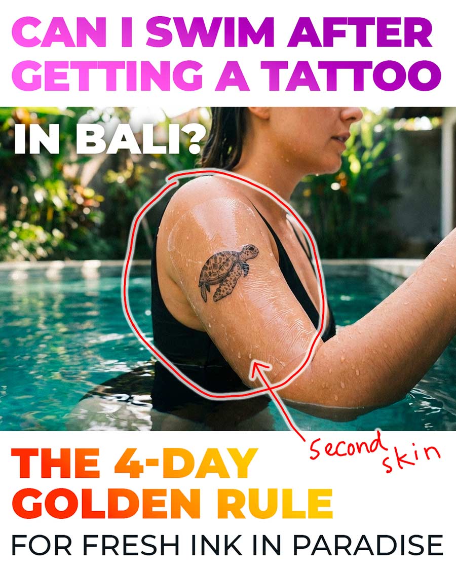 Slide 1 (Cover): A woman in a swimming pool with a fresh turtle tattoo on her shoulder protected by a clear "Second Skin" bandage. Text overlay reads: "CAN I SWIM AFTER GETTING A TATTOO IN BALI? THE 4-DAY GOLDEN RULE FOR FRESH INK IN PARADISE".