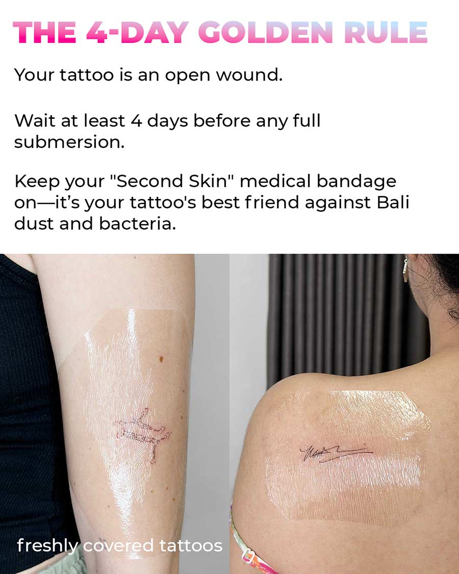 Slide 2 (The Rule): A split image showing two different tattoos immediately after being covered with medical-grade "Second Skin" adhesive bandages. Text explains that a tattoo is an open wound and requires a 4-day wait before full submersion.