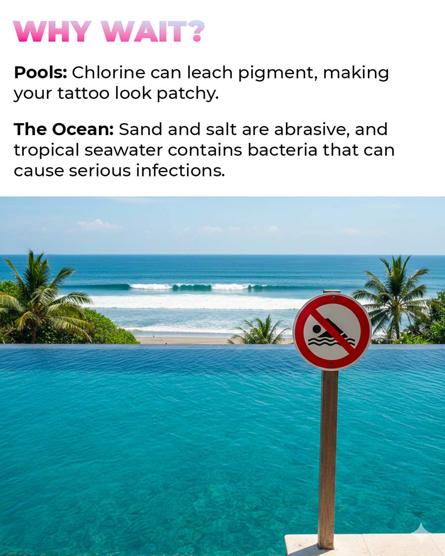 Slide 3 (The Risks): A scenic view of a Bali beach and infinity pool with a "No Swimming" sign in the foreground. Text details how chlorine can leach pigment and how ocean bacteria can cause serious infections.