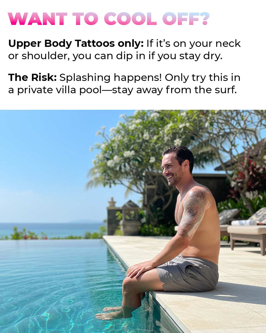 Slide 4 (The Loophole): A man sitting on the edge of a villa pool with his feet in the water, keeping his tattooed shoulder high and dry. Text explains this is only for upper body tattoos in controlled environments like private pools.