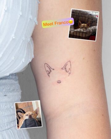 A minimalist dog tattoo, just the ears and nose, on a woman's arm. Photos of the dog, named Franco, are shown. "Meet Franco" text overlay. A cute dog tattoo idea! Done by our expert tattoo artists at our fine line tattoo studio in Canggu, Bali.