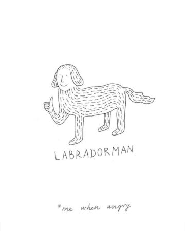 Humorous line art of a "Labradorman" dog tattoo design, a dog with a human face and thumbs up. Text reads: "Labradorman *me when angry." Bali tattoo artists offer unique dog tattoo designs.