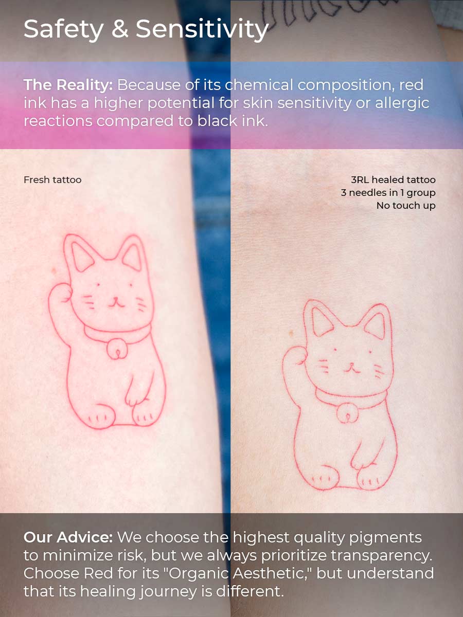 (Safety & Sensitivity): Healed red ink cat tattoo comparison showing red pigment skin sensitivity and organic aesthetic results.