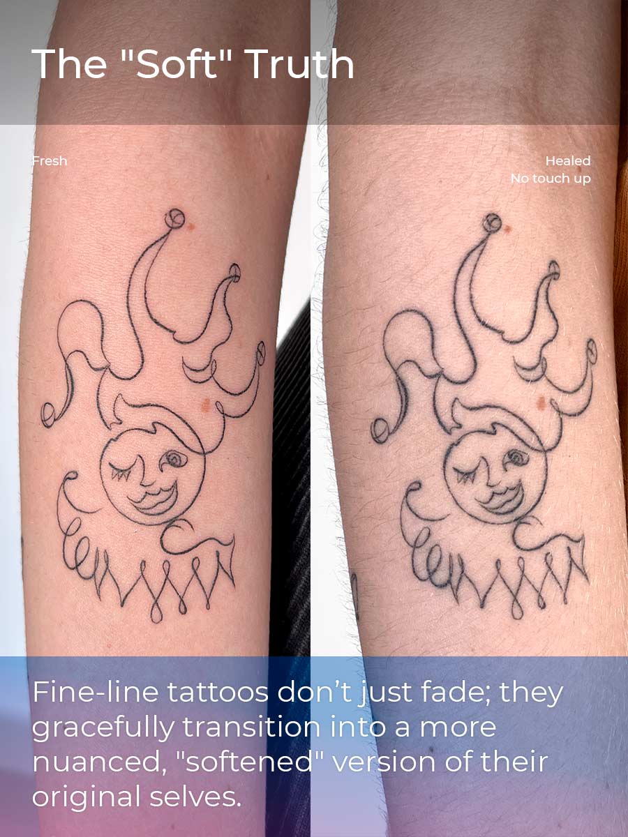 (The "Soft" Truth): Healed 3RL single needle jester tattoo without touch up showing softened nuanced transition after healing.