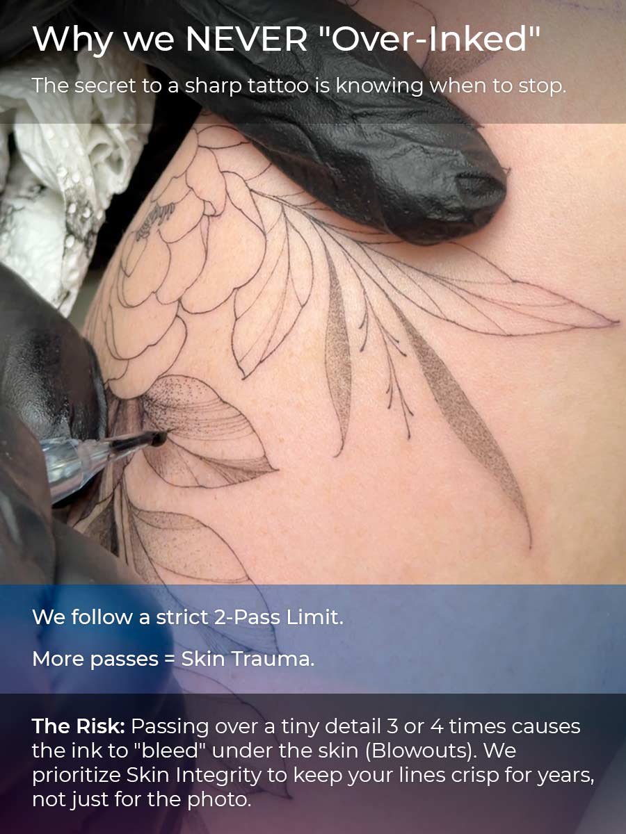 (Why we NEVER "Over-Inked"): Close up of tattoo artist performing precise 2-pass fine line floral tattoo on skin to prevent blowouts.