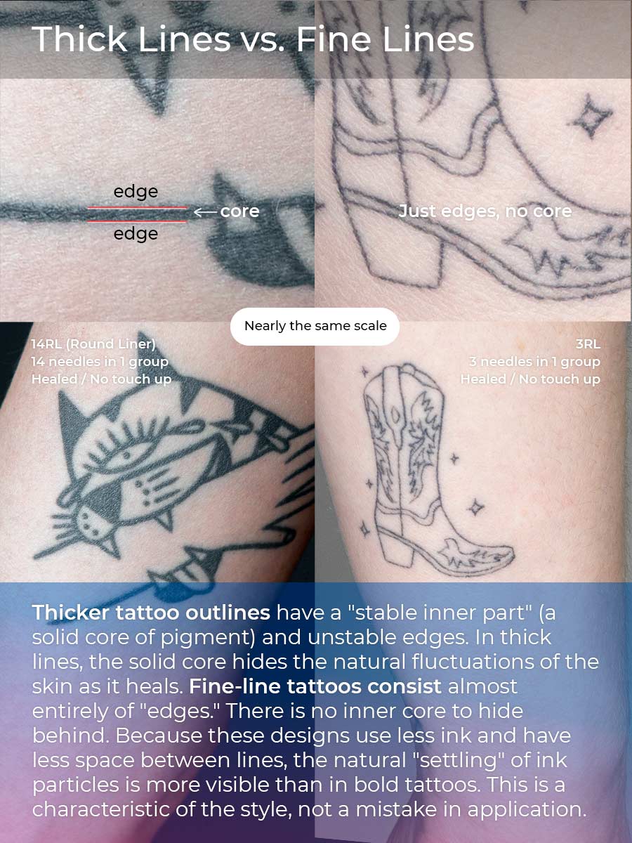 Comparison of thick vs. fine line tattoos showing ink settling. Thick lines have a core, fine lines consist of edges. Text: "Thicker tattoo outlines have a stable inner part." Created by the best tattoo artists in Canggu Bali for fine line tattoos.