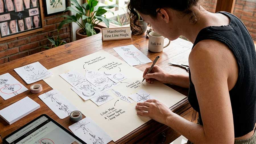 A woman sketches spiritual tattoo designs on paper at a wooden table, surrounded by flash sheets, a mug, and a tablet displaying "Spiritual Tattoo Gallery." Created in the multi style tattoo studio in Canggu Bali, Bali tattoo studio, spiritual tattoo Canggu.