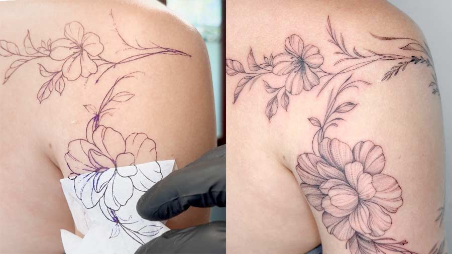 Before and after of a delicate floral shoulder tattoo in Bali, showcasing the artist's meticulous line work. A beautiful addition to any Bali checklist. Created by the best tattoo artists in Canggu Bali.
