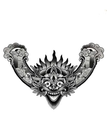 Detailed black and white Barong tattoo design featuring a fierce mask, flames, waterfalls, and clouds. A unique Barong tattoo gallery piece. Created by the best expert tattoo artists in Canggu Bali. Bali tattoo design.