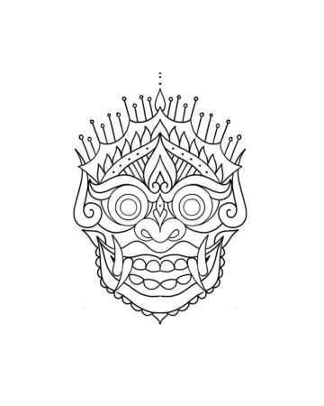 Intricate line art of a Barong mask, showcasing traditional Balinese design elements. A striking Barong tattoo design idea. Created by expert tattoo artists in Canggu Bali for unique tattoo art.