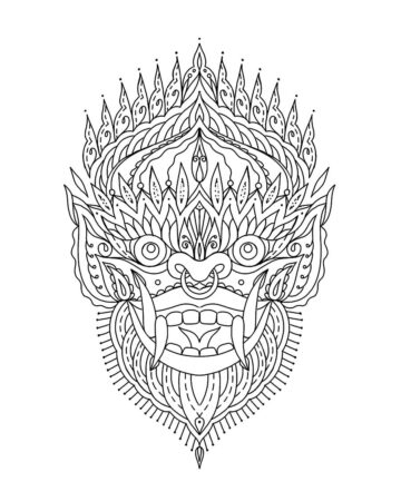 Intricate line art of a Barong mask, a Balinese symbol of good, showcasing detailed patterns and a fierce expression. Perfect inspiration for a Barong tattoo design. Created by the best expert tattoo artists in Canggu Bali.