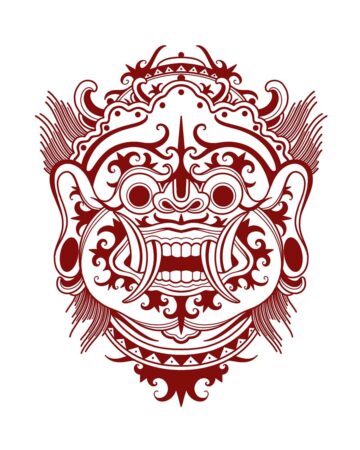 Intricate Barong mask illustration in deep red on white. The Barong, a Balinese mythological character, is depicted with ornate details and fierce expression, perfect for tattoo inspiration. Created by expert tattoo artists in Bali.