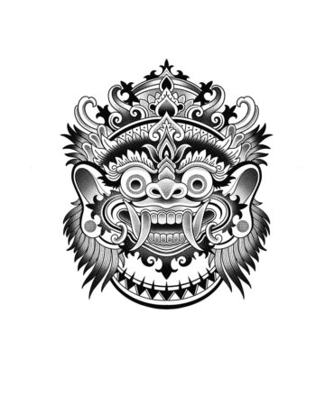 Detailed black and white Barong mask tattoo design featuring intricate patterns and sharp teeth. A striking example of traditional Balinese art. Created by Bali tattoo artists.
