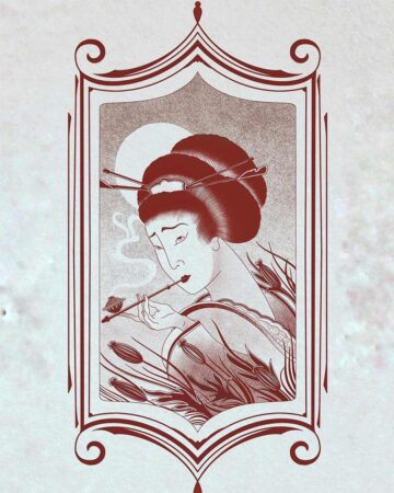 Japanese tattoo art featuring a geisha smoking a pipe under a full moon, framed in ornate red lines. A classic design from a Japan tattoo gallery. Created in a Bali tattoo studio.